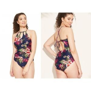 One Piece Swimsuit by Kona Sol Swim Wear Keyhole Braided Straps - NWOT Navy, 14W